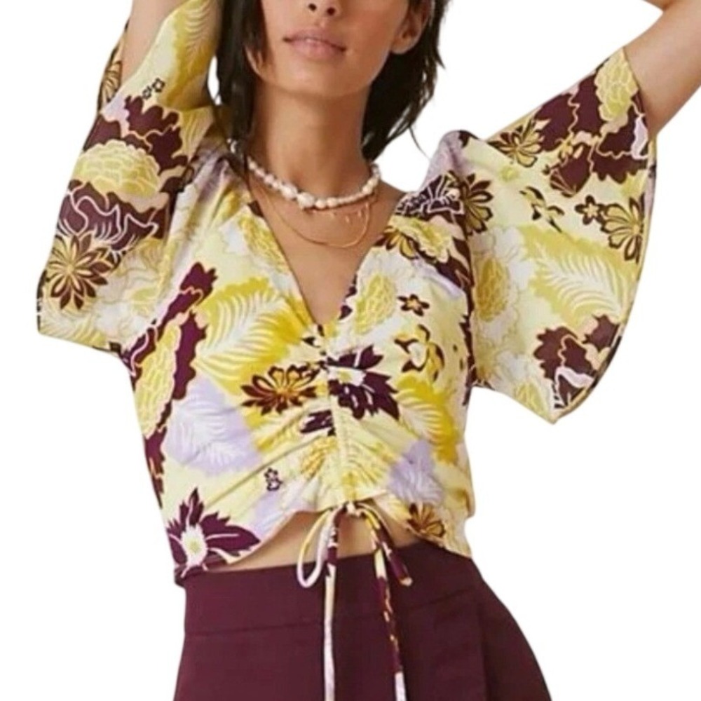 Maeve Anthropologie Floral Drawstring Cinched Crop Top Yellow Purple Small